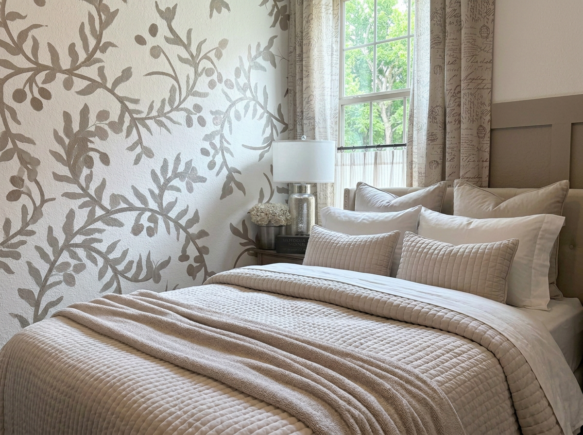A cozy bedroom with a beige quilted bedspread, multiple pillows, and a textured blanket. There is a window with trees outside, curtains, and a bedside table with a white lamp, a vase with flowers, and books.