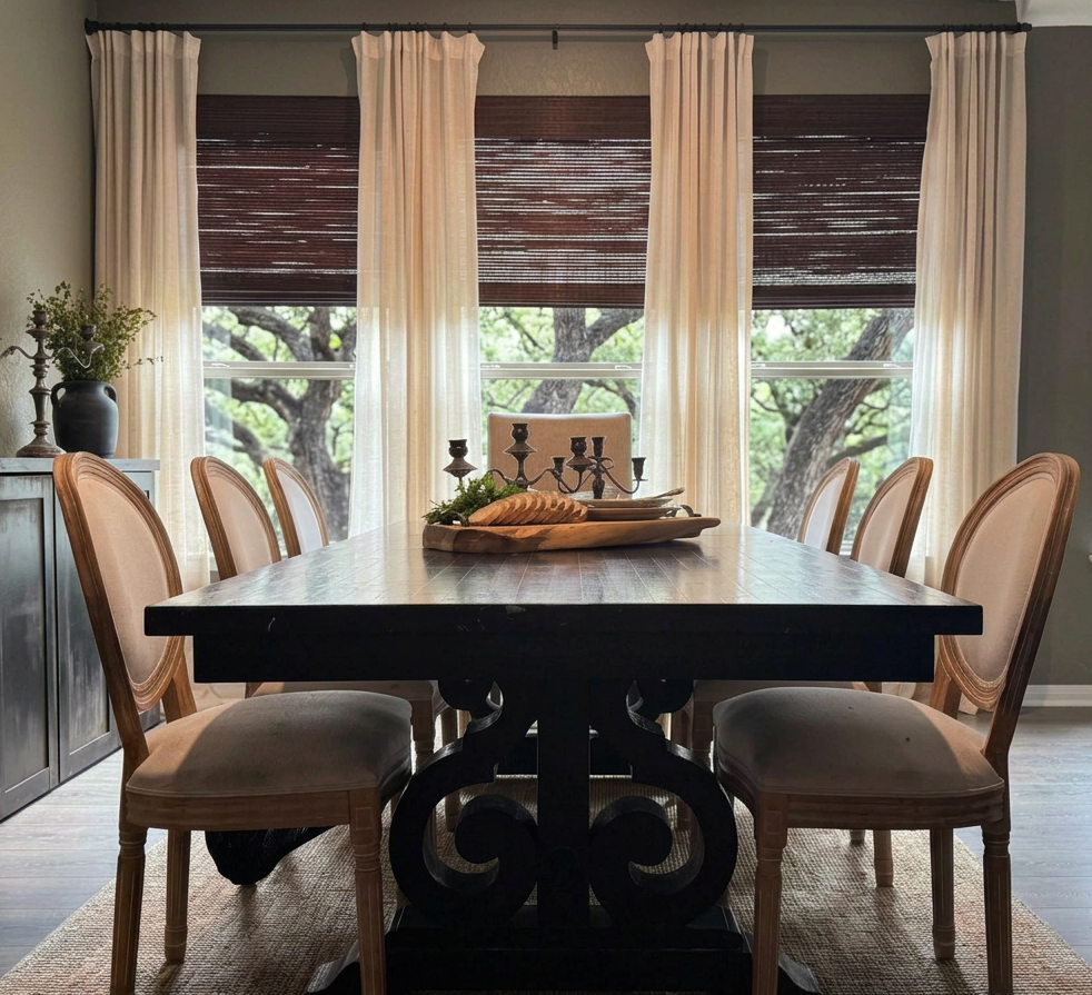 A dining room with a large dark wood table surrounded by eight beige upholstered chairs, set in front of a large window with beige curtains and brown woven shades, outside trees are visible.
