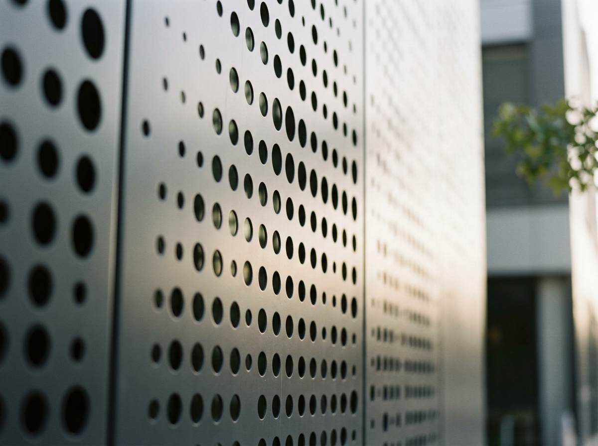 Close-up of custom perforated aluminum panels on a building