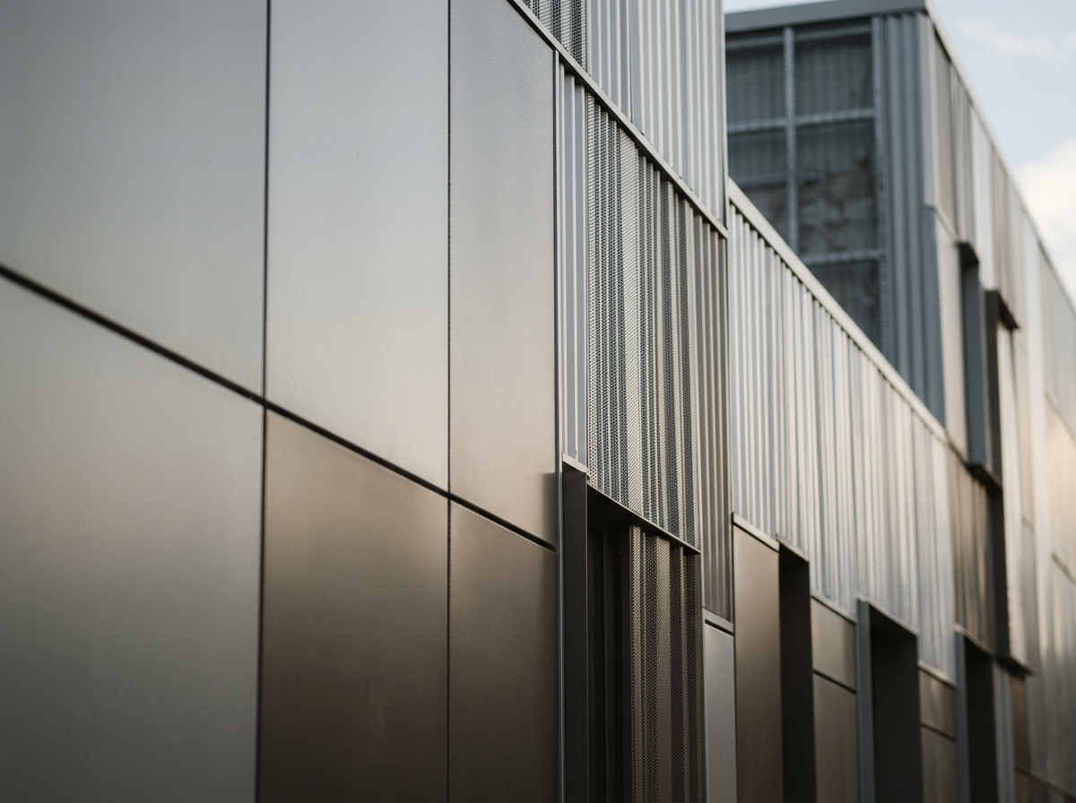 Close-up of modern building exterior with metallic panels and windows