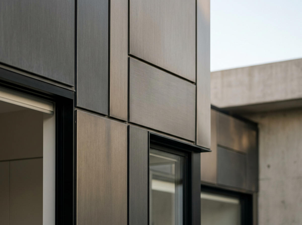 Close-up of modern building exterior with dark metal panels and large window.