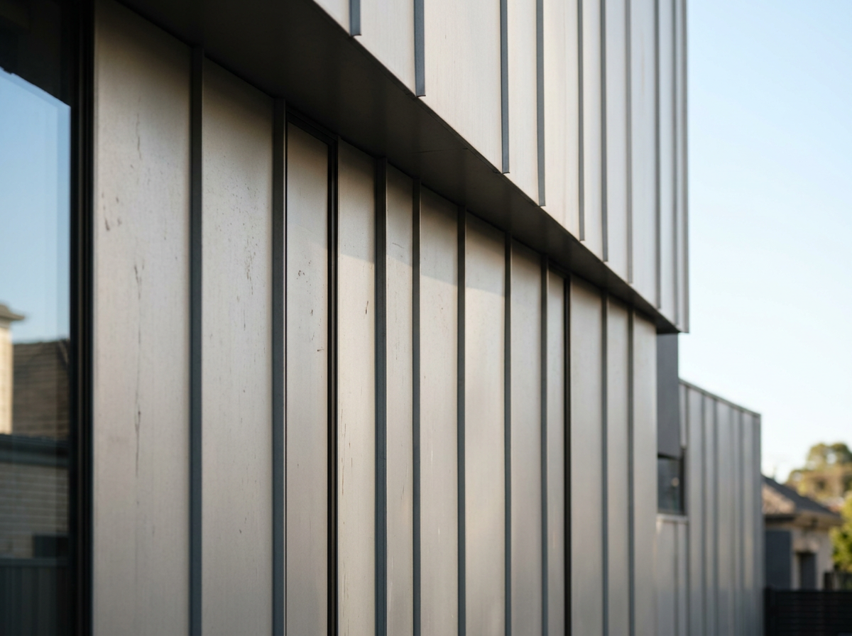 Close-up of single-skin metal panels on a building