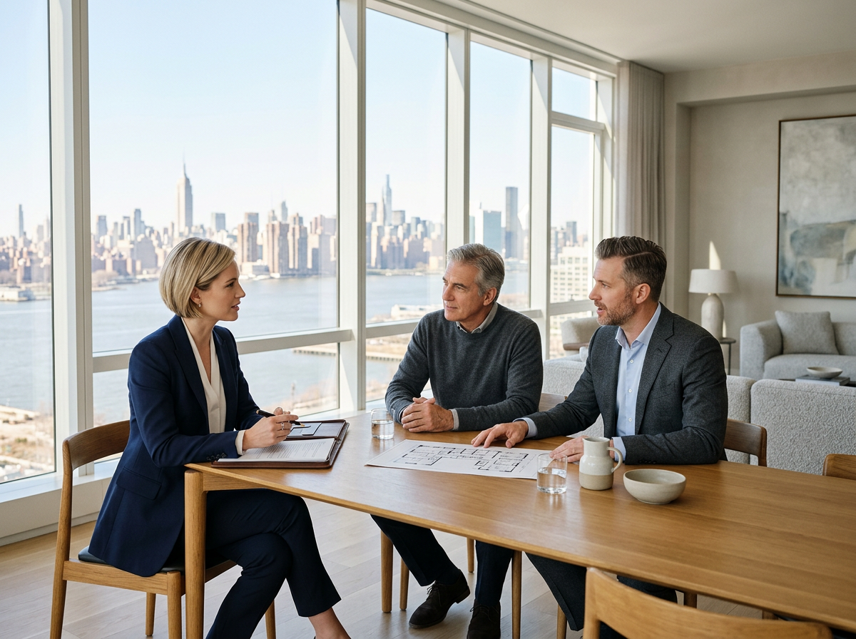 Three people having a meeting in a high-rise apartment with a city skyline view of New York City in the background.