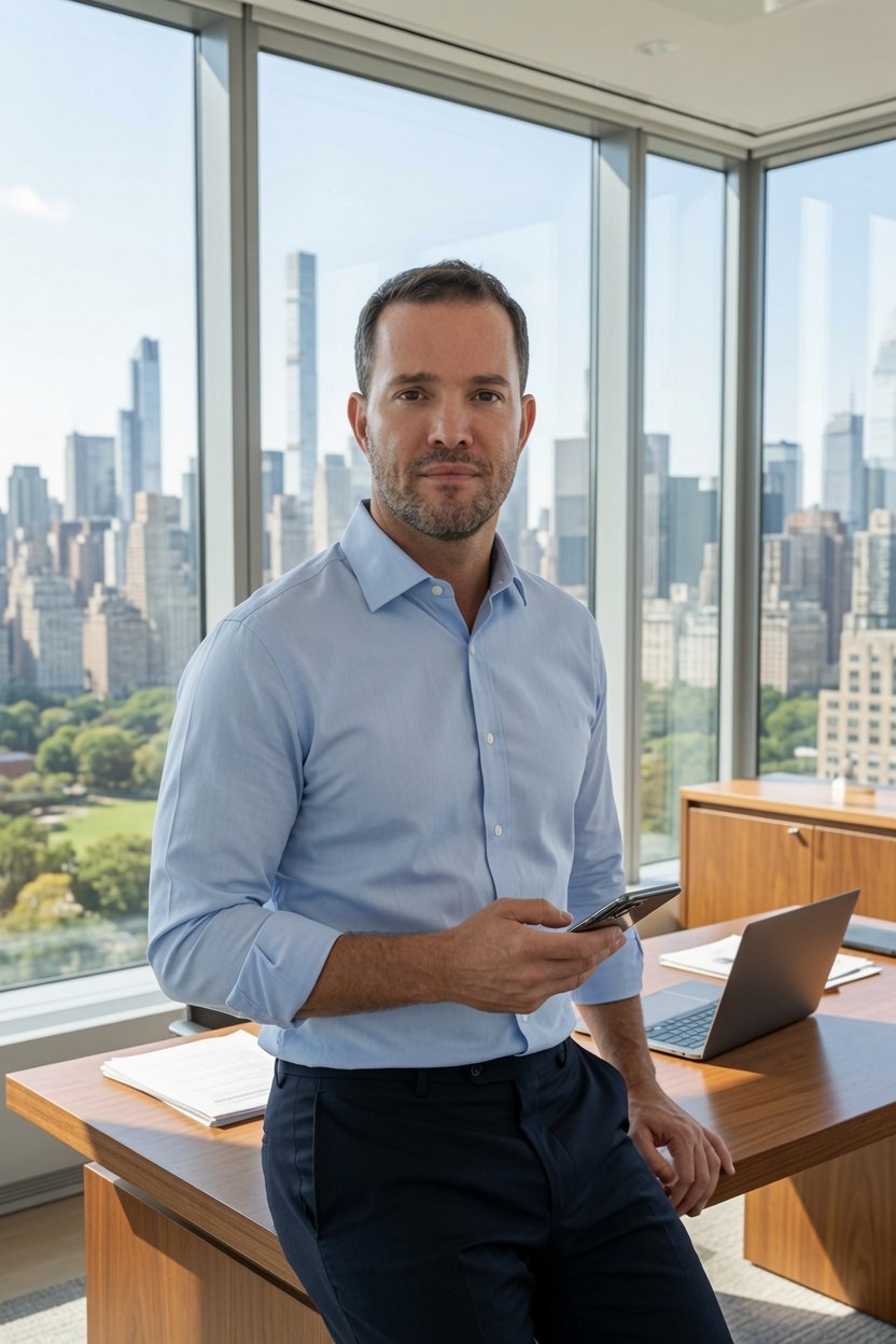 A man standing in a modern office with a city skyline view, holding a smartphone and leaning on a wooden desk with a laptop and papers.
