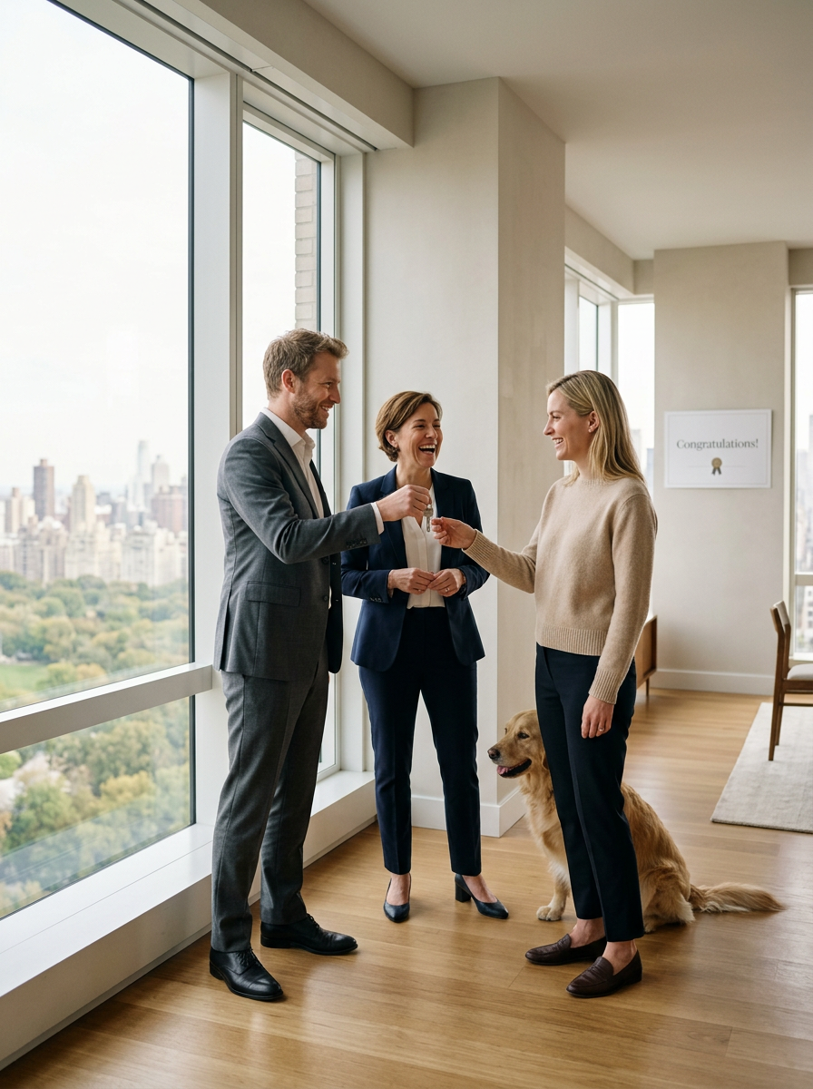 A woman in a beige sweater receives a key from a man in a gray suit as another woman in a navy suit looks on happily, with a golden retriever sitting on the floor nearby, in a high-rise apartment with windows showing a cityscape view. A "Congratulations!" sign is visible on the wall.