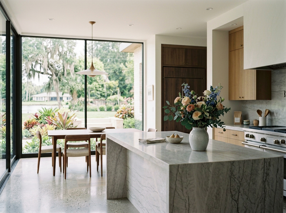 A modern kitchen with a marble island and a vase of flowers, next to a dining area with a wooden table and chairs, large glass sliding doors reveal a lush garden outside.