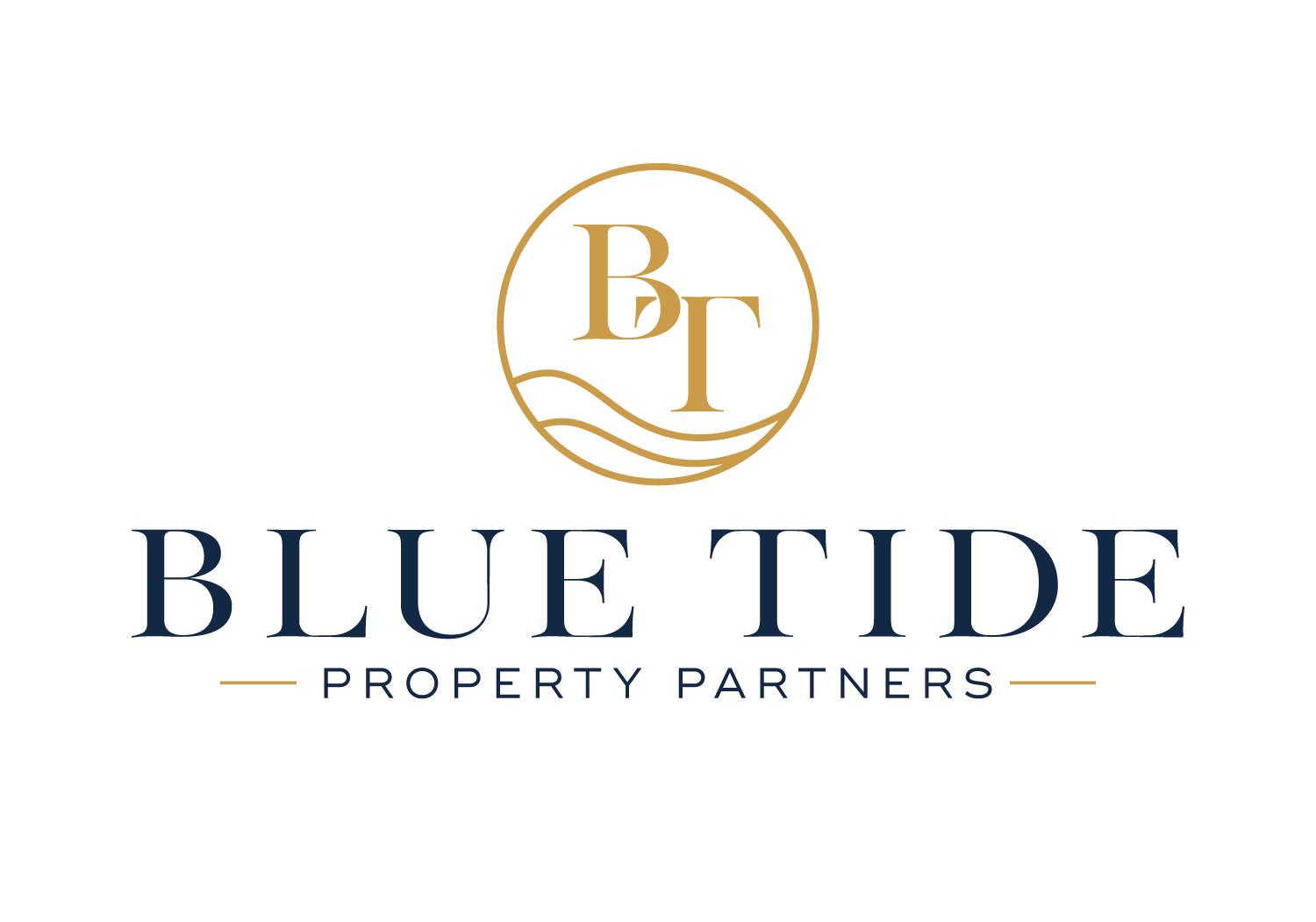 Logo for Blue Tide Property Partners, featuring a gold circle with the letters 'B' and 'T' inside, and the company name in dark blue below.