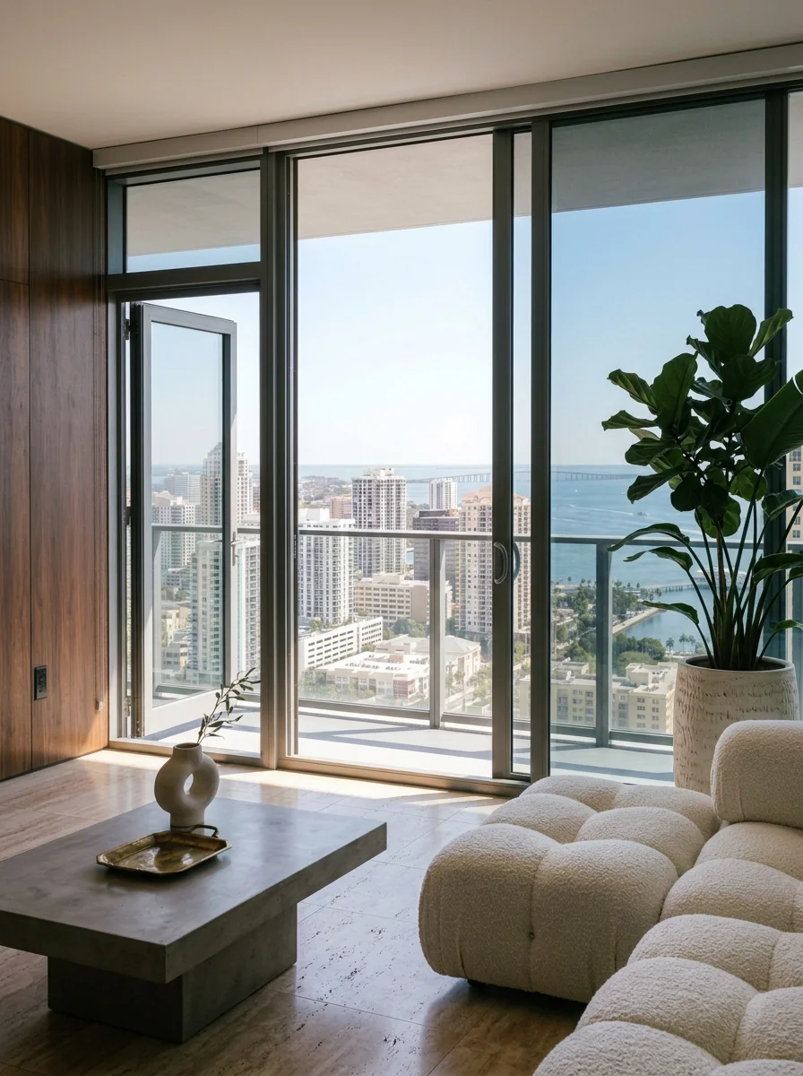 Modern high-rise living room with large glass sliding doors opening to a city skyline and water view, featuring a white textured sofa, a potted plant, and minimal decor.