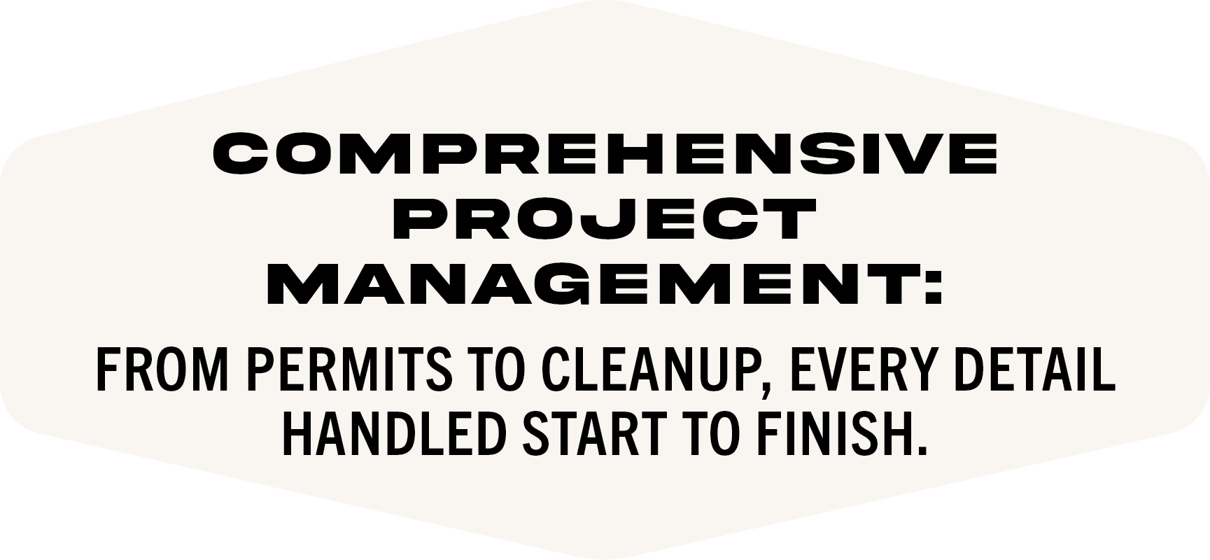 Sign about comprehensive project management, from permits to cleanup, handled from start to finish.