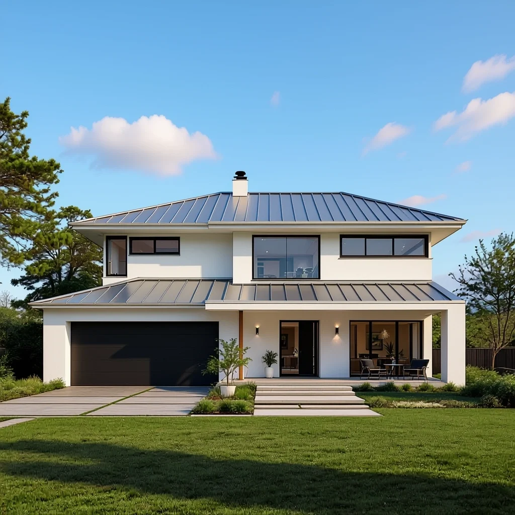 Modern two-story white house with a metal roof, black garage door, and front porch, surrounded by green lawn and trees, under a blue sky with scattered clouds.