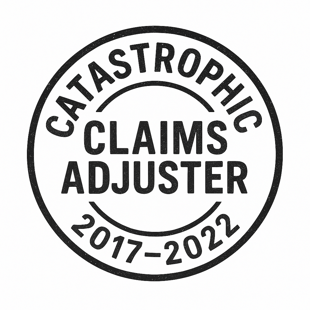 A circular stamp-like badge that reads "CATASTROPHIC CLAIMS ADJUSTER 2017-2022" in black text on a white background.