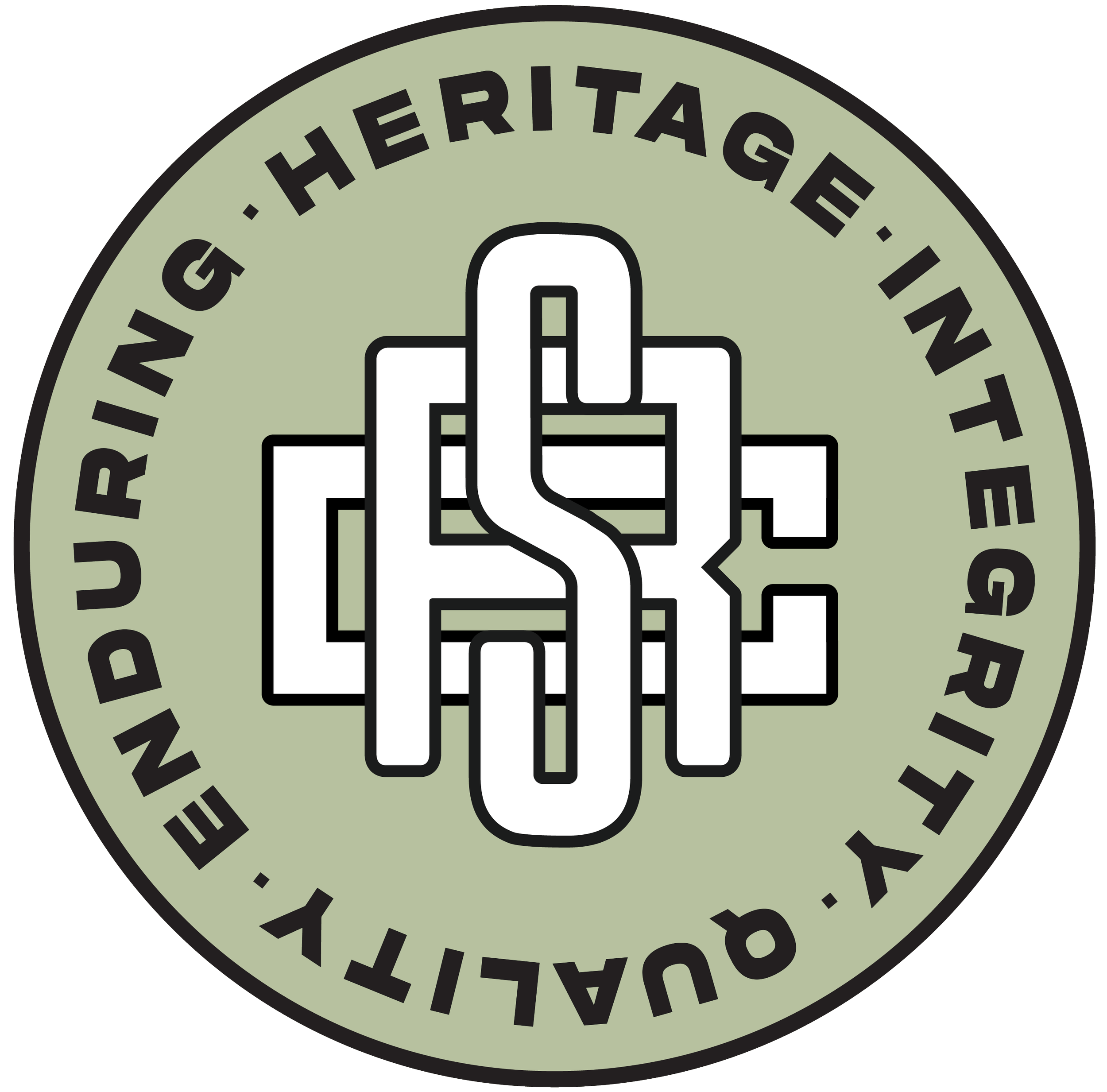 A circular badge with a green background, black border, and black text reading 'Heritage' and 'Quality' around the edges, featuring a stylized hand holding a torch in the center.