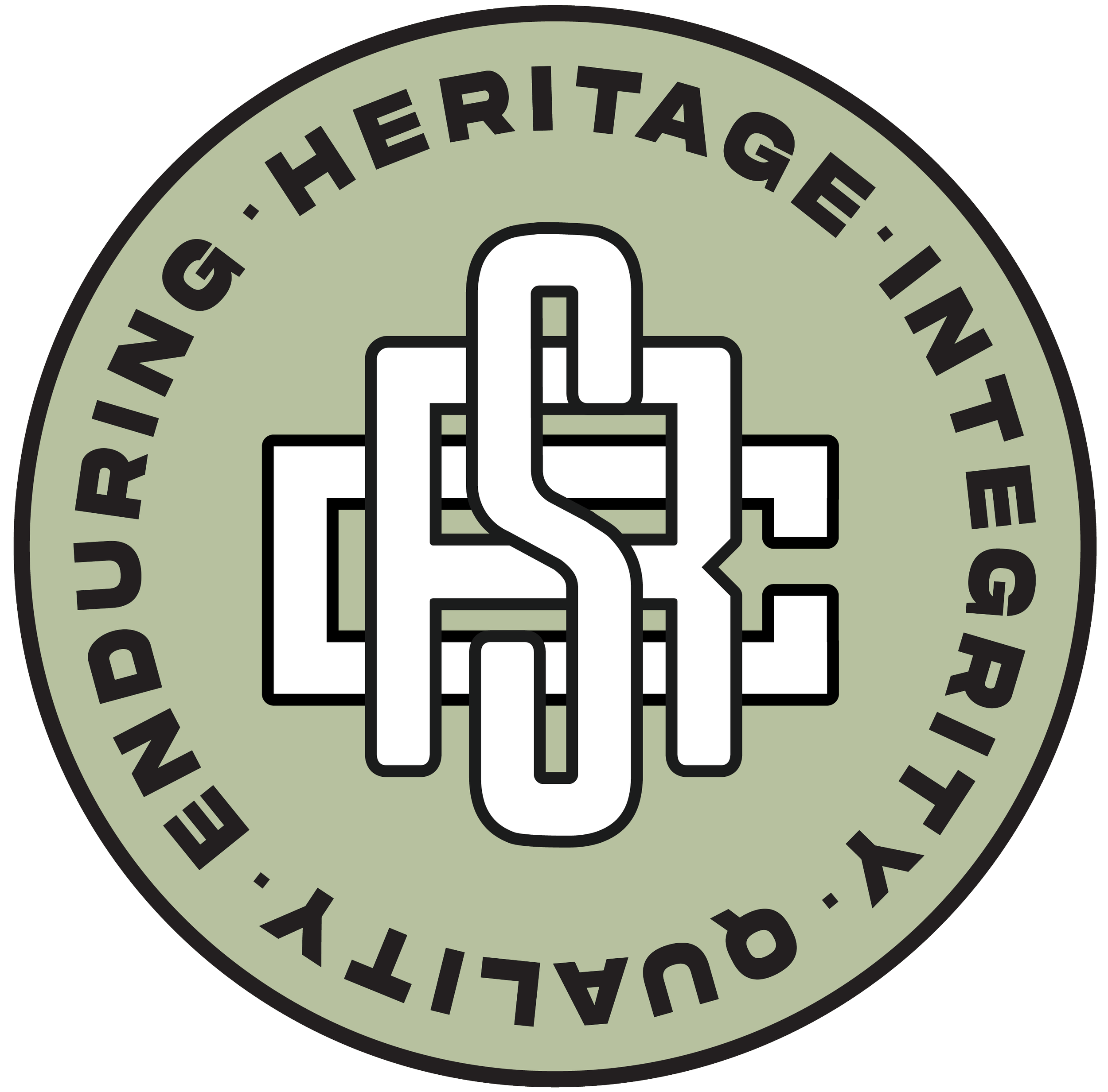Close-up of a circular badge or sign with the words 'HERITAGE' and 'RESILIENT' visible, featuring a stylized black and white graphic of a hand holding a tool or object on a pale green background.