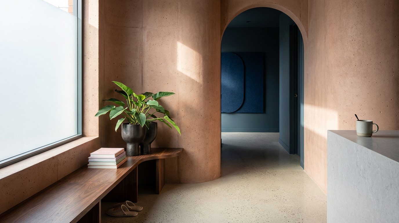 A modern interior with a curved peach-colored wall, large window, a wooden bench with a potted plant, books, beige slippers, and a gray cup with a spoon on a white surface, leading to a room with blue wall art.