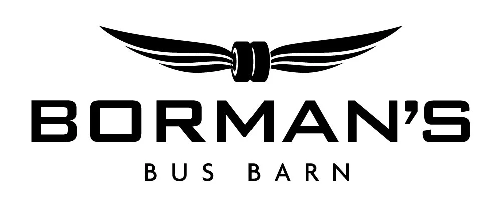 Logo for Borman's Bus Barn featuring stylized wings and bold text.