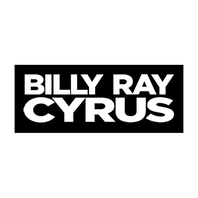 Black background with white outlined text stating 'Billy Ray Cyrus'