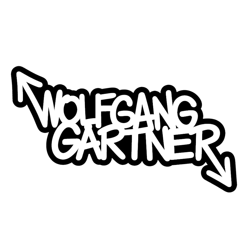 Neon sign of the words "Wolf Gang Gardner" with arrows pointing left and right, and a heart at the end.