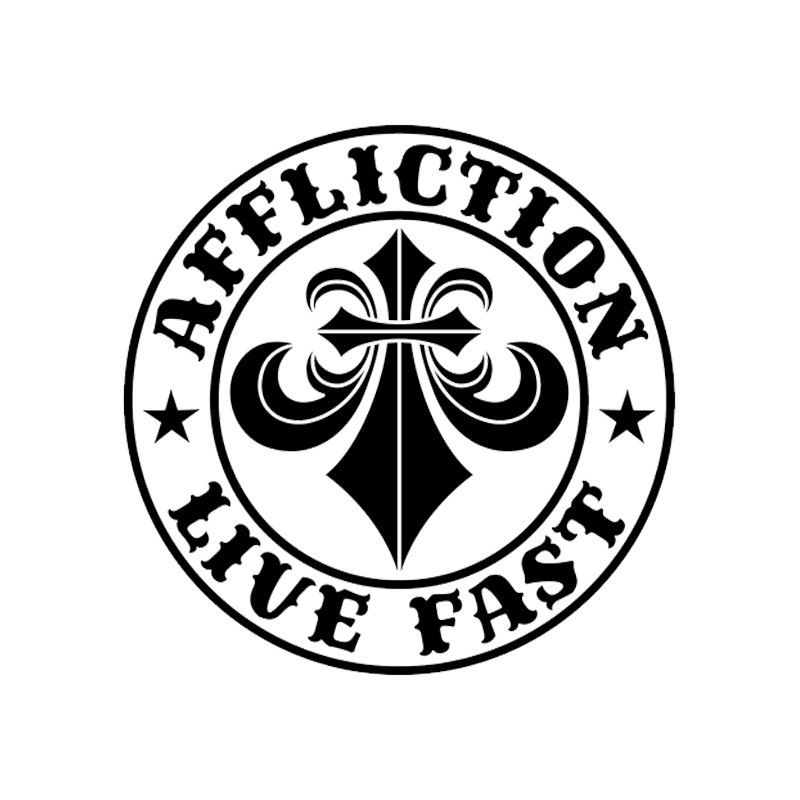 A circular logo with the words 'AFFLICTION' and 'LIFE FAST' surrounding a stylized fleur-de-lis symbol in the center, all in white on a black background.