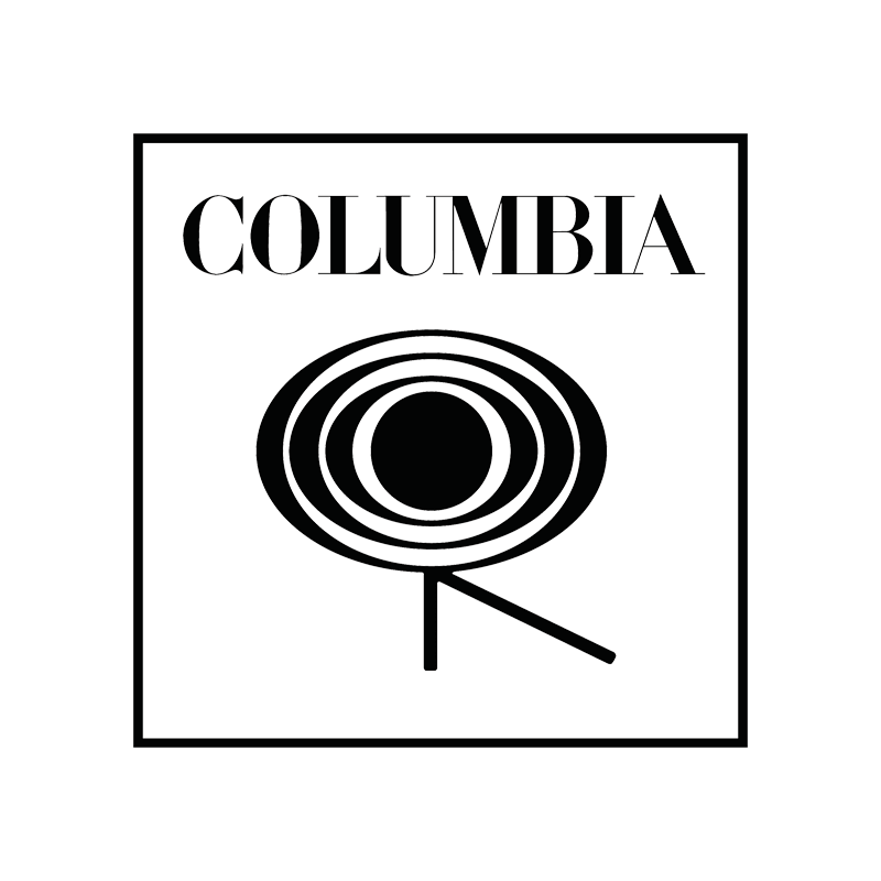 Black background with white outline text that reads "Columbia", a concentric circle design, and a stylized letter 'Q' with a line extending from the circle.