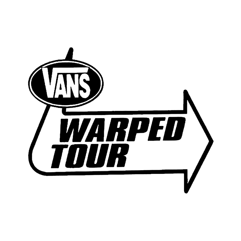 Black and white logo for Vans Warped Tour with an arrow pointing to the right.