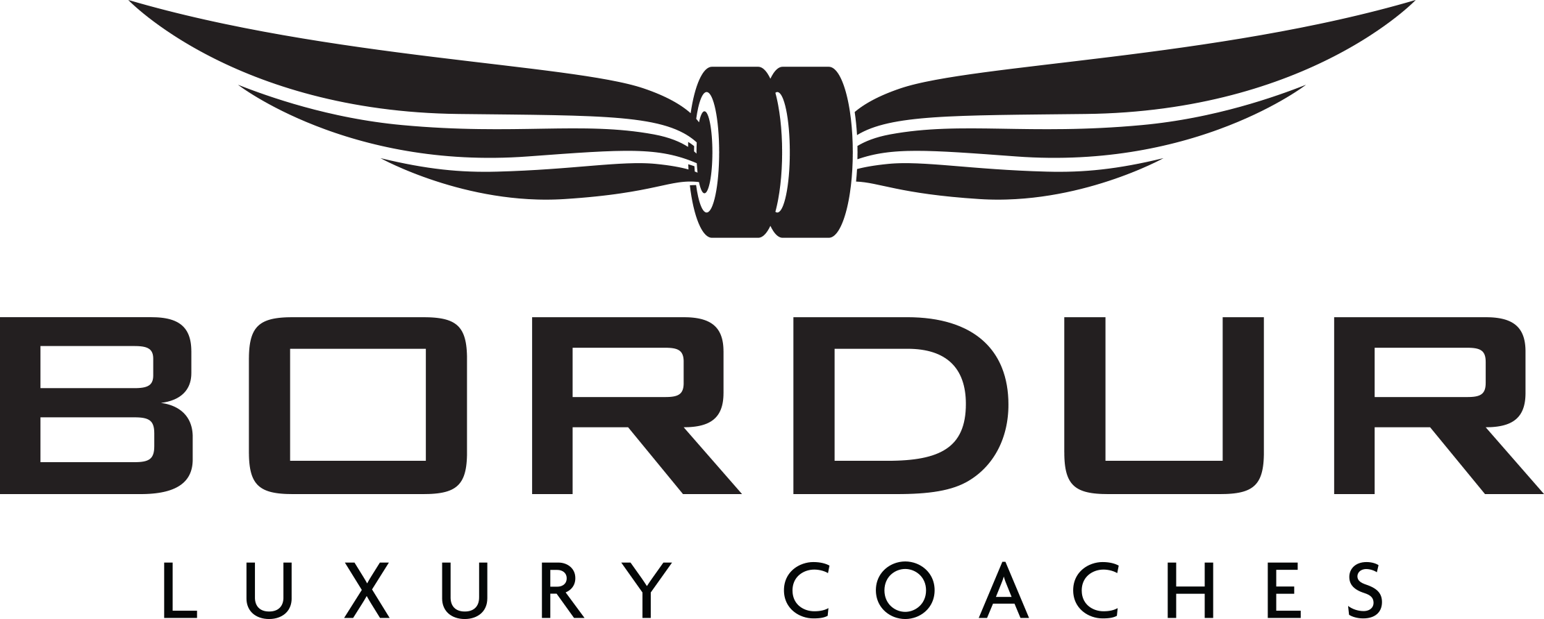 Logo of Bordered Luxury Coaches with a black winged emblem above the text.