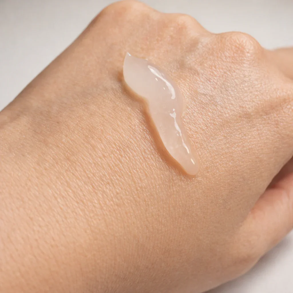 Close-up of a hand with a dollop of clear gel or lotion on the back.