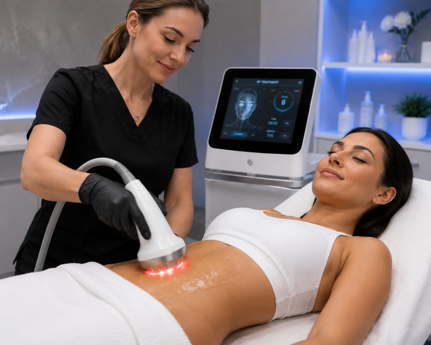 A woman receives a laser skin treatment on her abdomen by a medical professional in a modern clinic, with a machine displaying digital graphics in the background.
