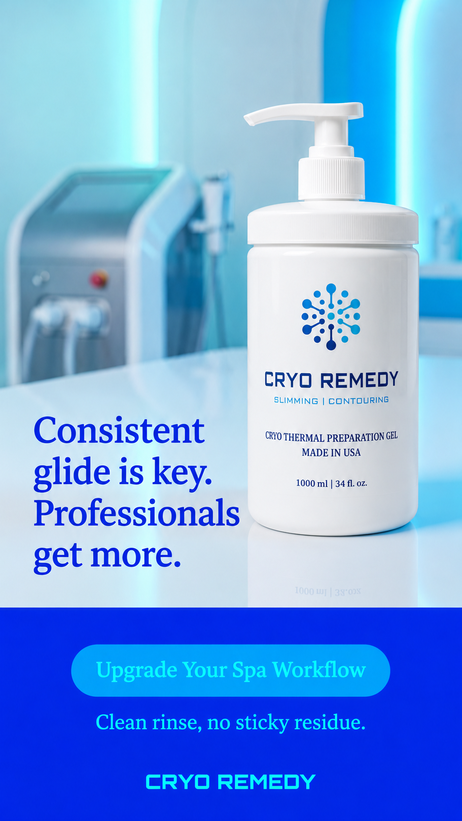 A promotional display for Cryo Remedy, showing a white pump bottle of cryo thermal preparation gel with blue text and logo. The background features a blurred spa or medical setting with blue lighting. The text emphasizes the importance of consistent glide, professional results, and upgrading spa workflow with a clean rinse solution.