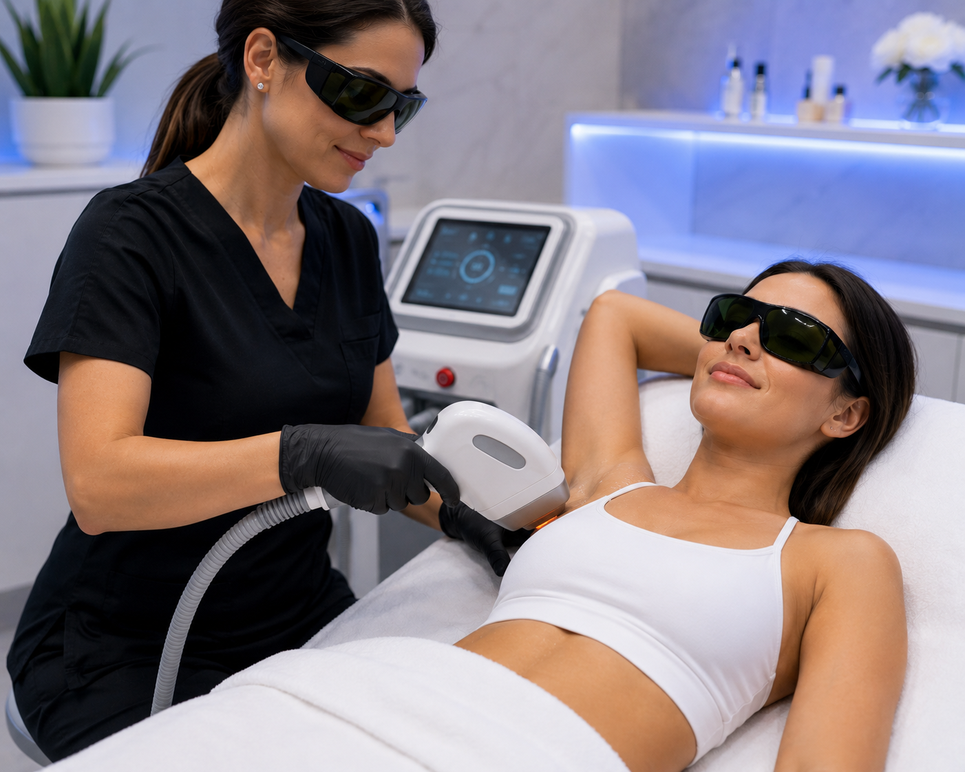 A woman lying on a treatment bed receiving laser hair removal, wearing protective glasses, with a technician in black scrubs and gloves performing the procedure using a handheld device.