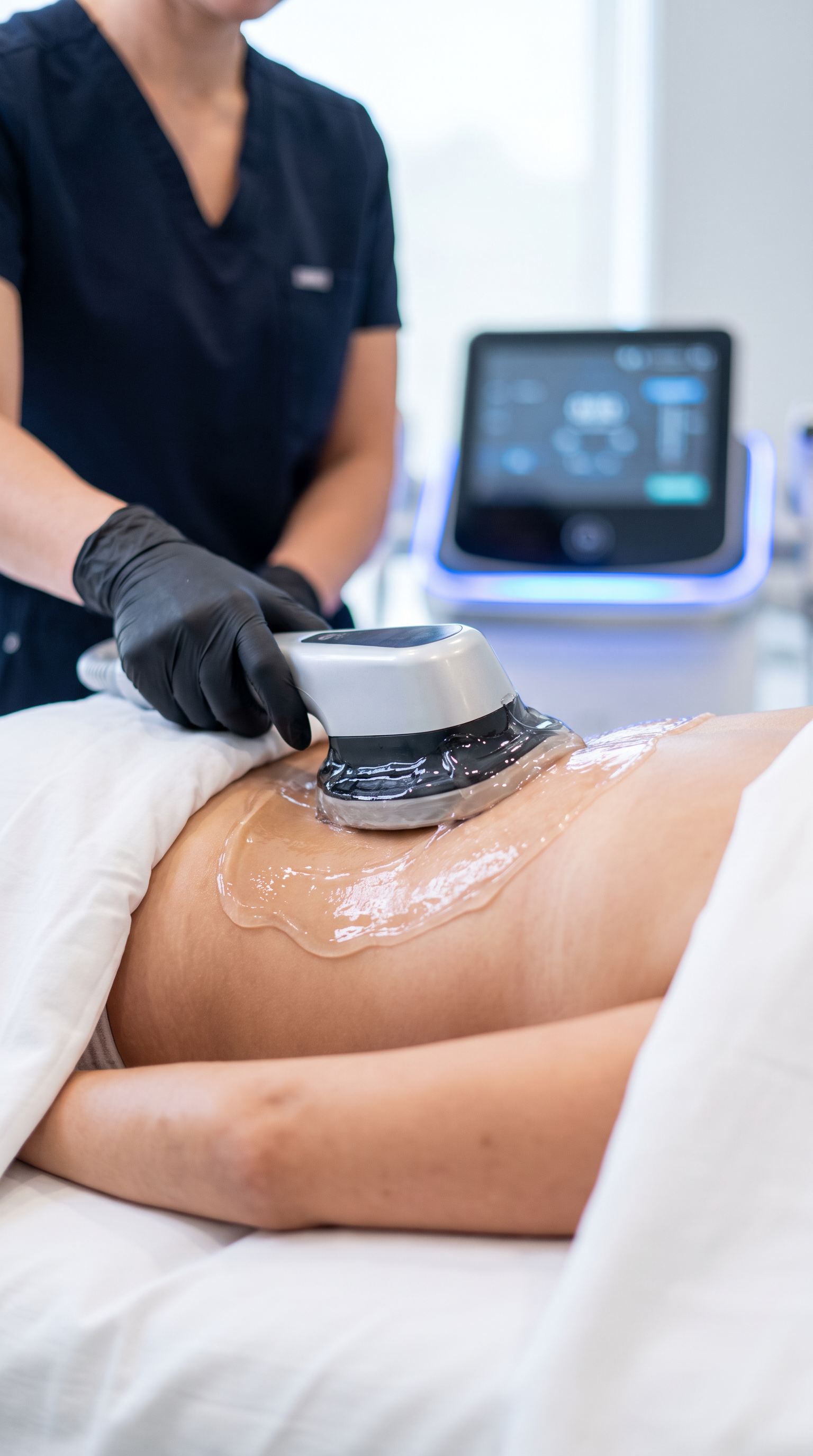 A healthcare professional in black gloves using a device on a patient's abdomen for a medical or cosmetic procedure, with medical equipment visible in the background.