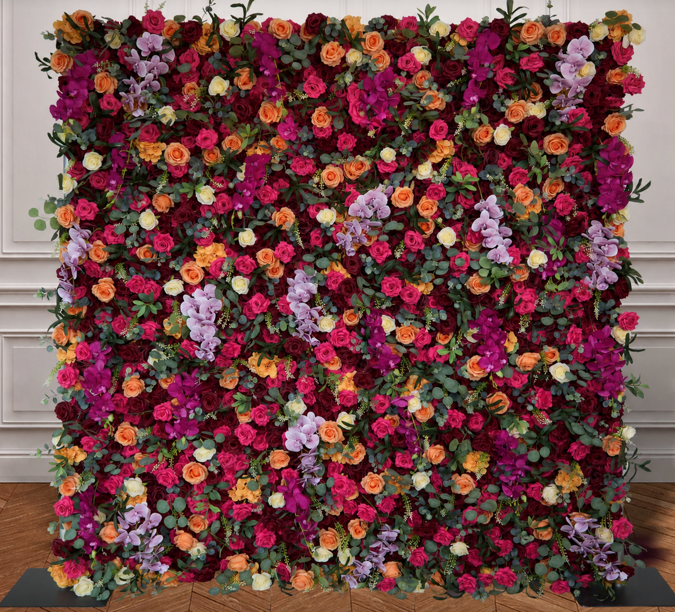 Midnight Garden luxury flower wall rental in Coeur d’Alene, Idaho featuring burgundy, blush, ivory, and floral backdrop design
