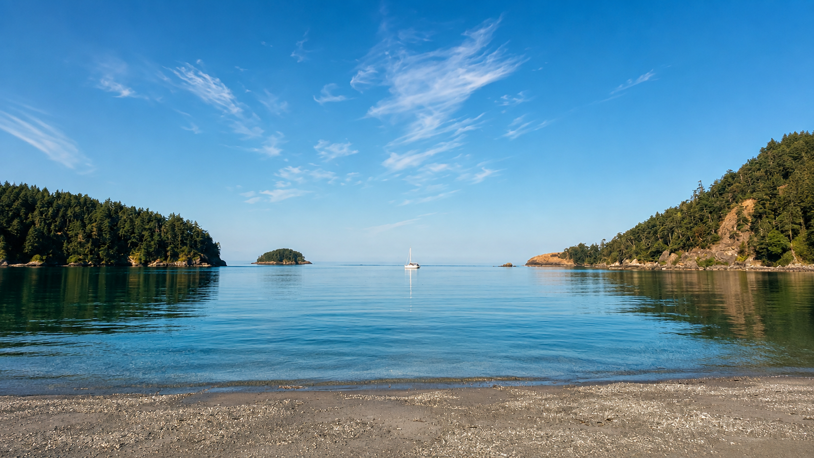 Calm water with a sailboat between forested hills and small islands.