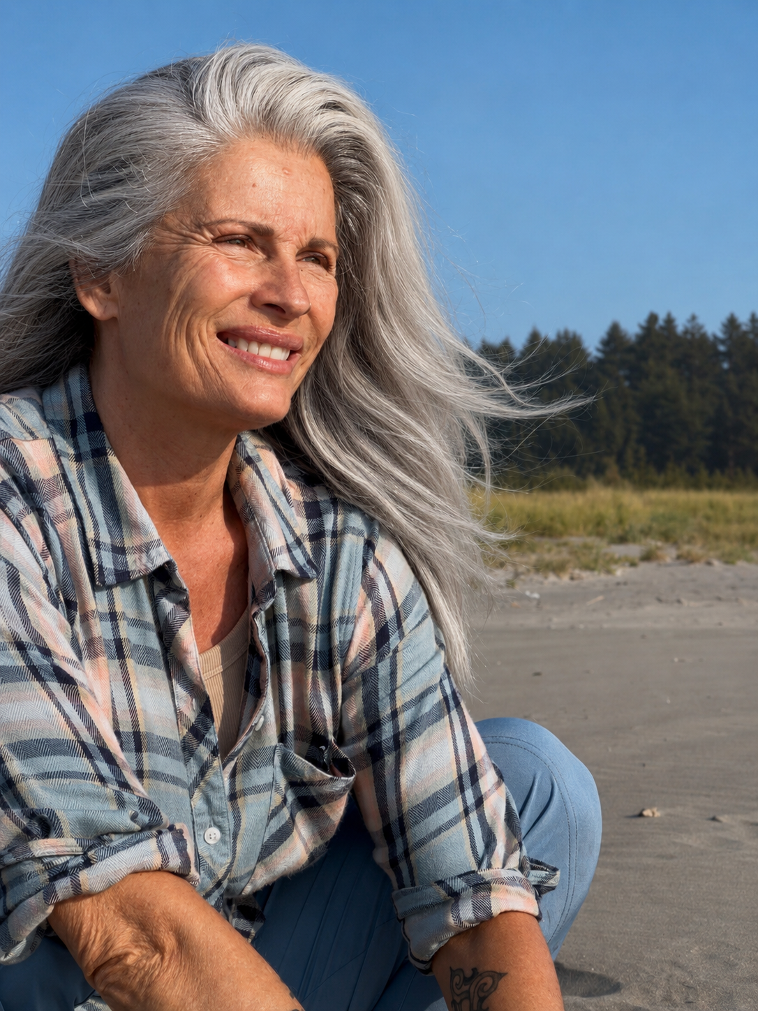 Luna smiling while sitting on a sandy beach with a forest in the background.