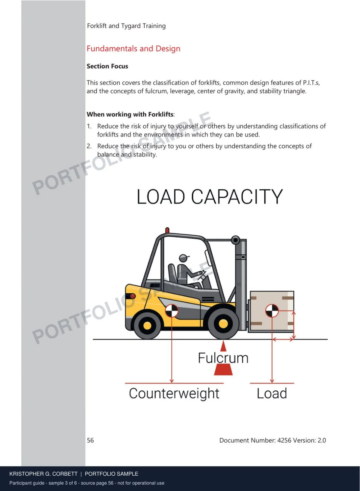 Participant Guide · Sample 3 of 6. A visual explanation makes the load-capacity and counterweight relationship concrete.