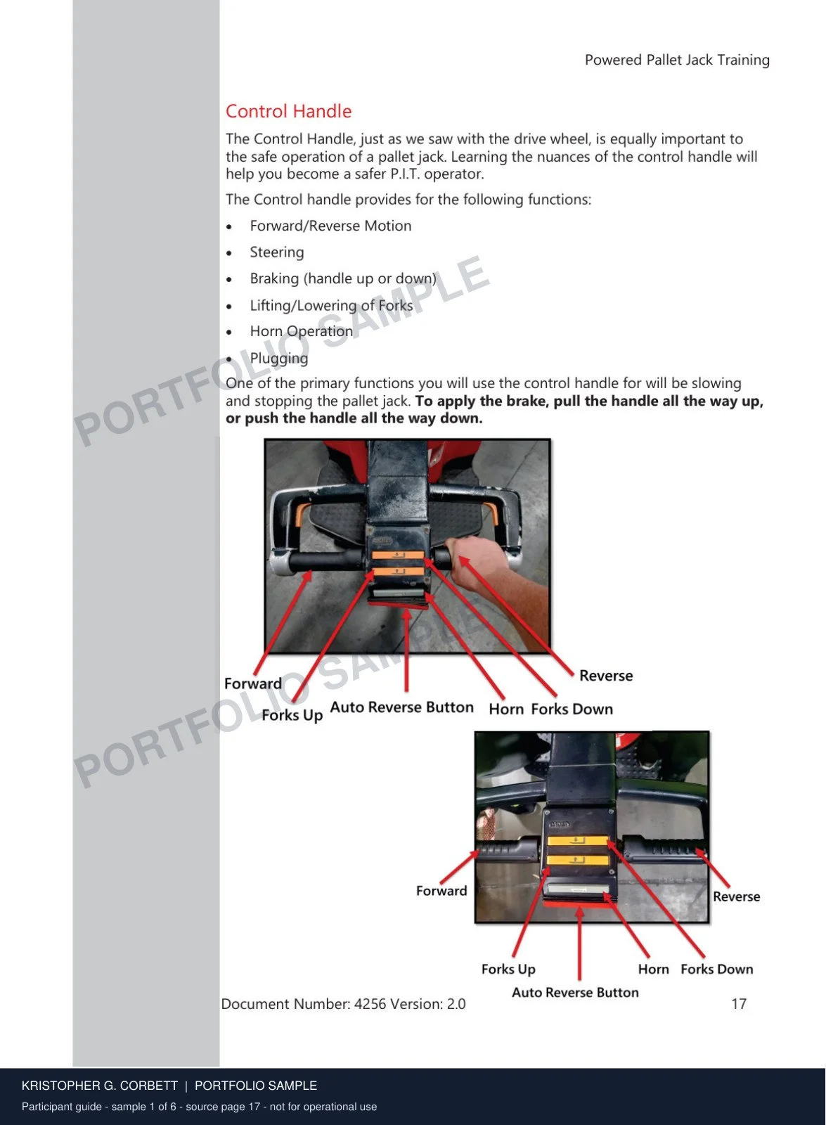 Participant Guide · Sample 1 of 6. Annotated control-handle visuals connect equipment terminology to the controls learners will use.