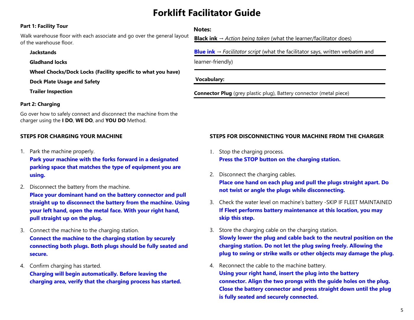 Forklift facilitator guide · 48 pages. I designed action cues, verbatim trainer scripts, and sequenced practice to make warehouse-floor instruction consistent. Open the full guide.