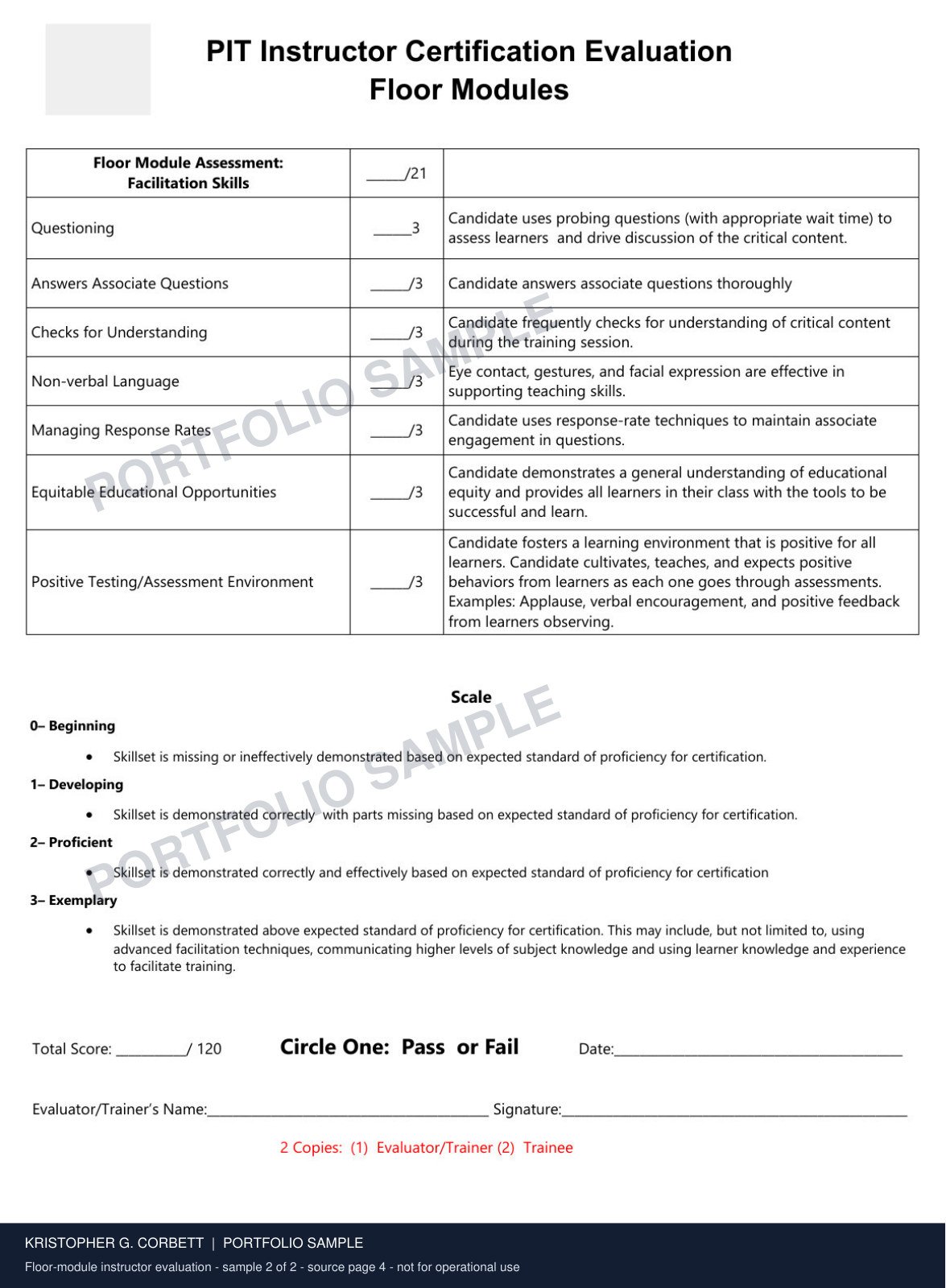 Floor-Module Instructor Evaluation · Sample 2 of 2. The scoring framework makes trainer-development expectations visible.