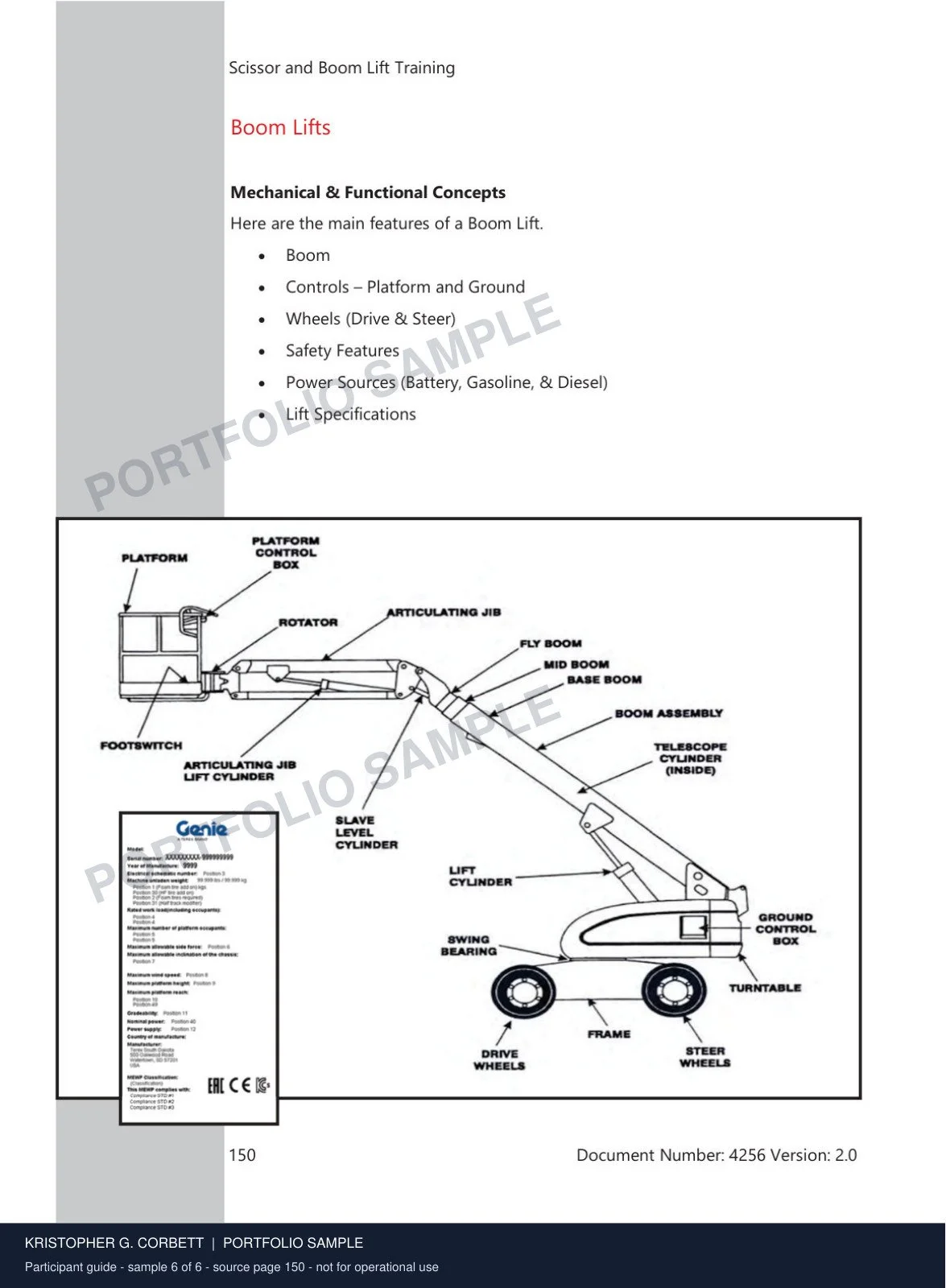 Participant Guide · Sample 6 of 6. Boom-lift diagrams extend the visual learning system across equipment types.