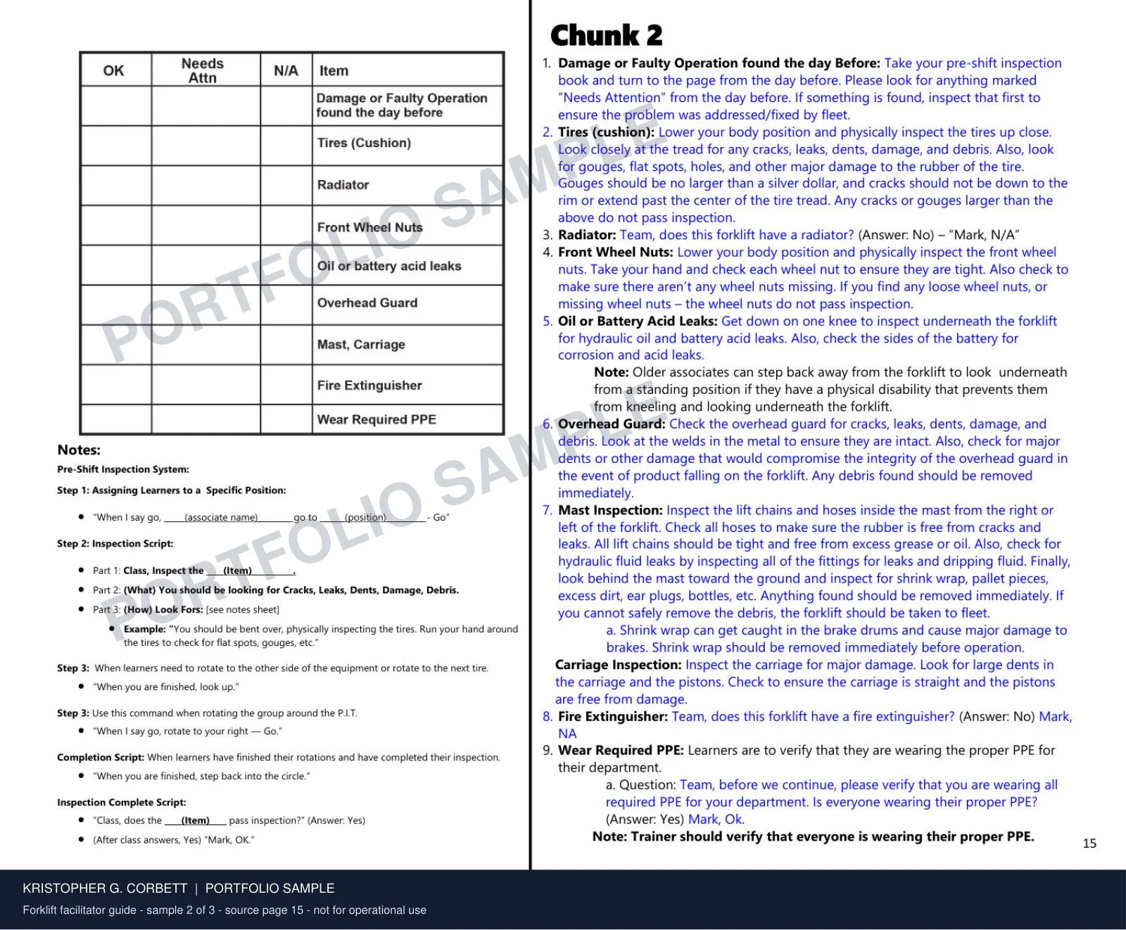 Forklift Facilitator Guide · Sample 2 of 3. Sequenced chunks connect trainer prompts with demonstration and guided practice.