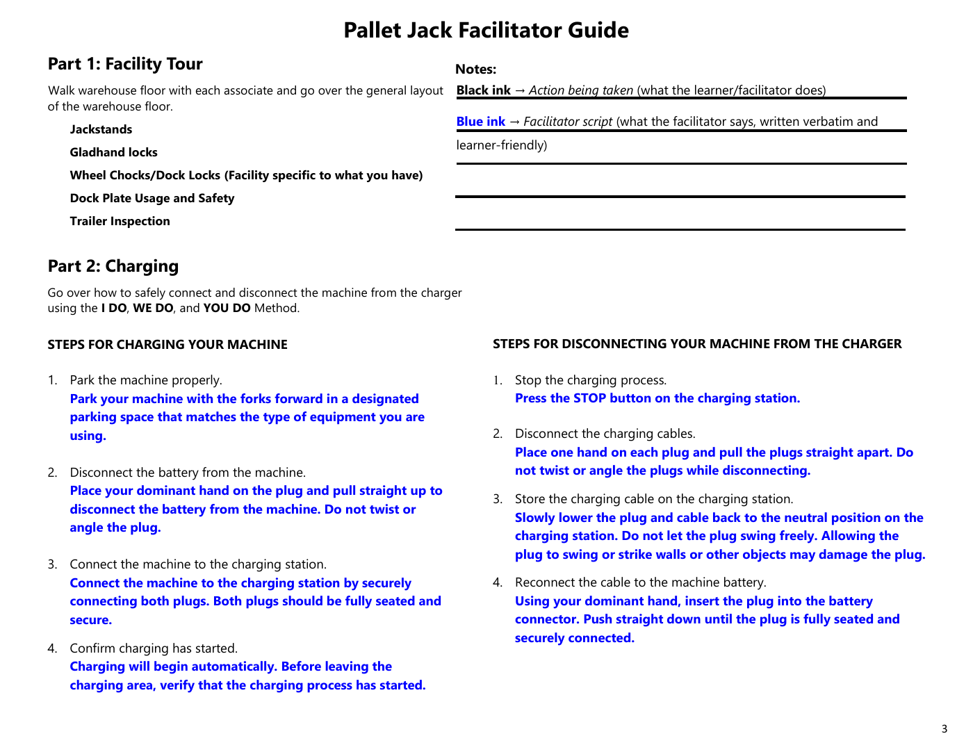 Pallet-jack facilitator guide · 28 pages. I built a parallel teaching system with progressive commands, demonstration, guided practice, and independent performance. Open the full guide.