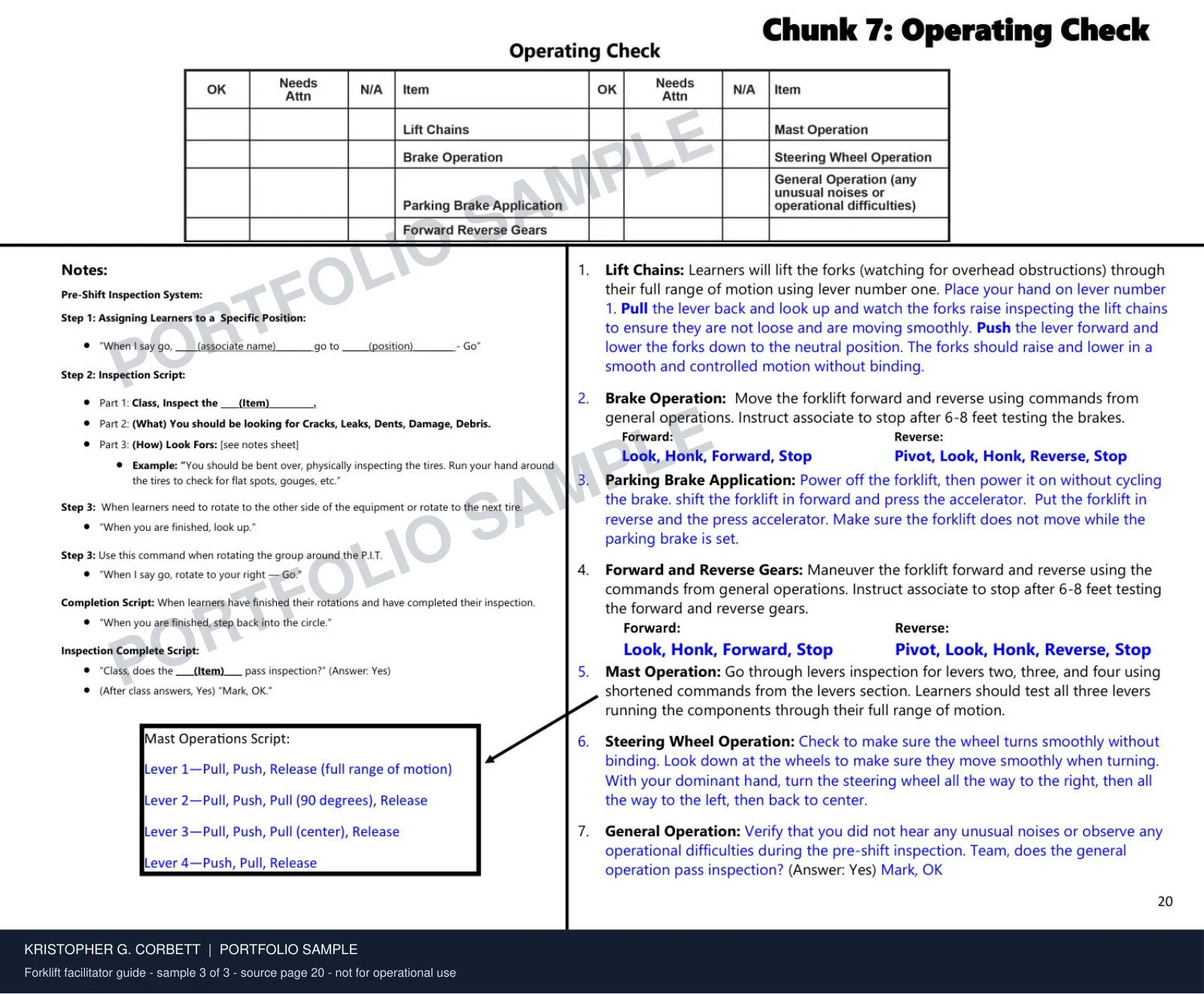 Forklift Facilitator Guide · Sample 3 of 3. A structured operating check gives trainers a consistent practice sequence.