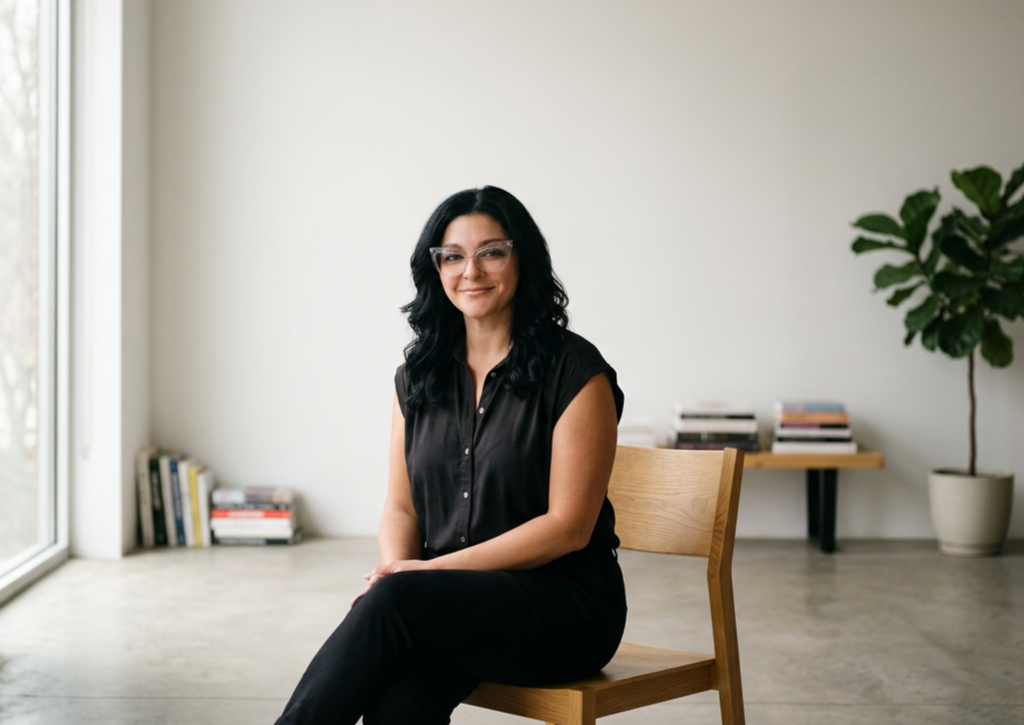 A woman with dark hair and glasses sitting on a wooden chair indoors near a large window, with books and a potted plant in the background.