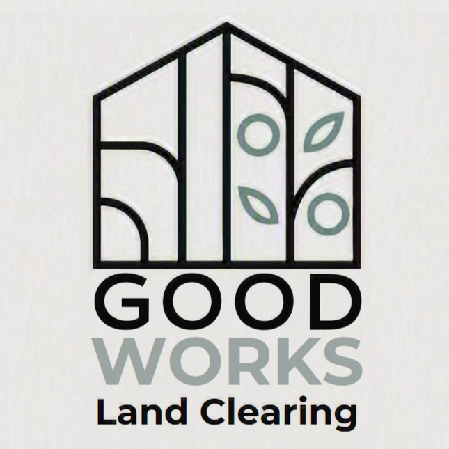 Logo with house outline, leaves, and the words 'Good Works Land Clearing'.