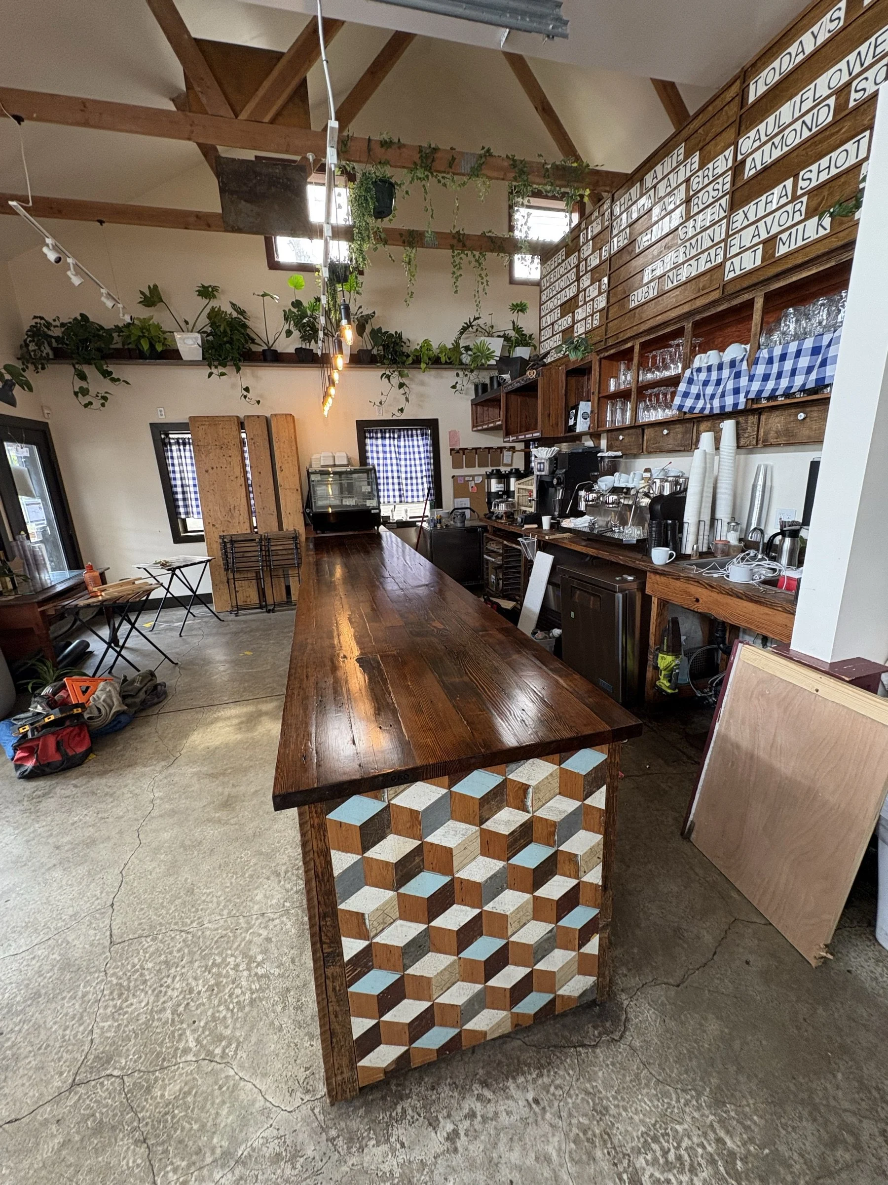 Elevated view of Fressen Artisan Bakery showing the full bar top in the cafe.
