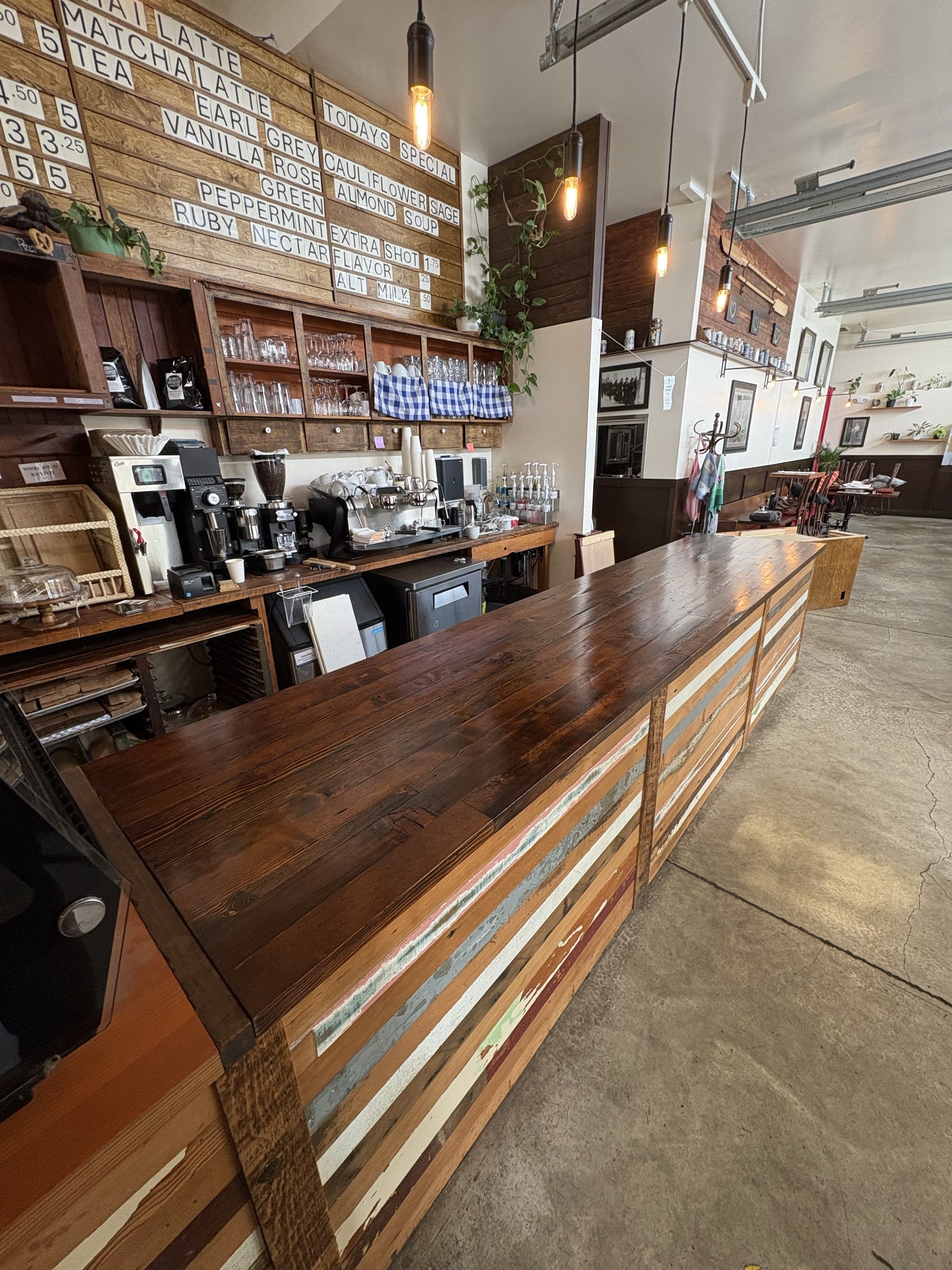 The reclaimed-fir bar top at Fressen Artisan Bakery.