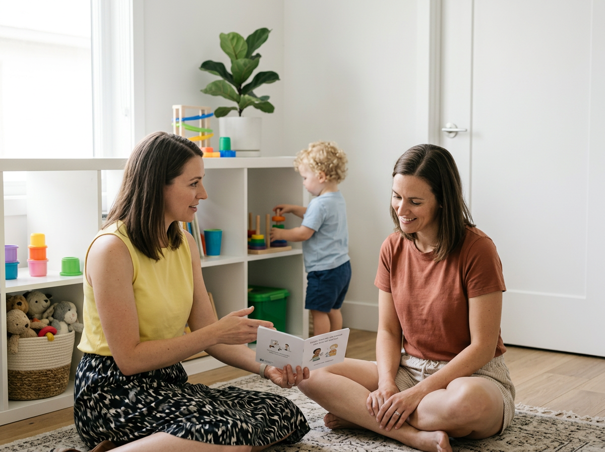 Two women sitting on the floor in a playroom, smiling and talking, with a child playing with toys in the background.