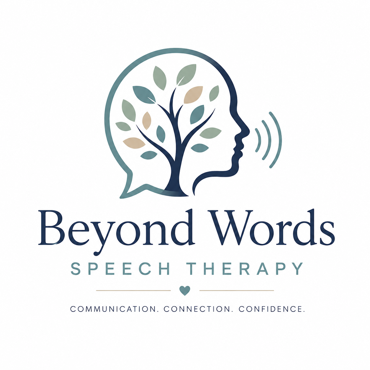 Logo for Beyond Words Speech Therapy featuring a stylized human head outline with a tree inside, symbolizing growth and communication, and the tagline 'Communication. Connection. Confidence.'