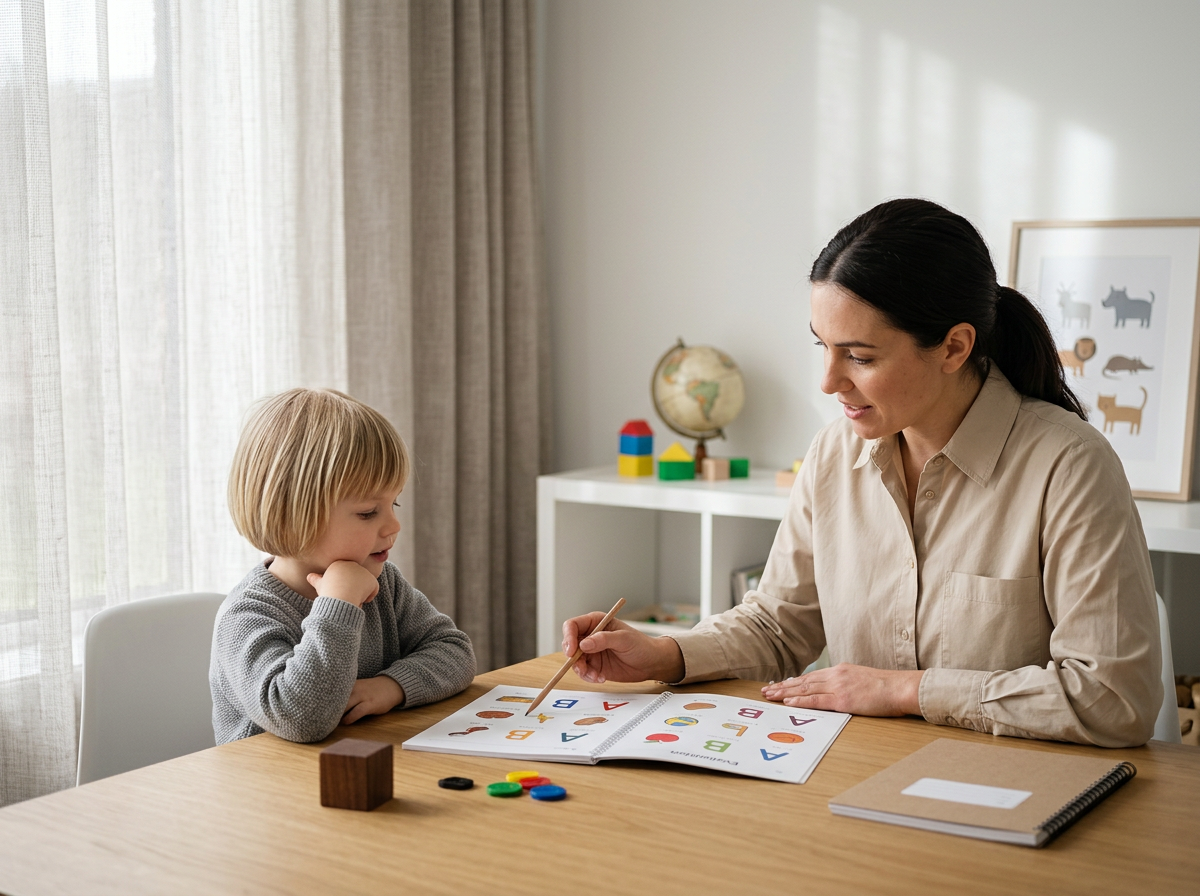 A woman is teaching a young girl how to learn the alphabet at a table in a well-lit room.