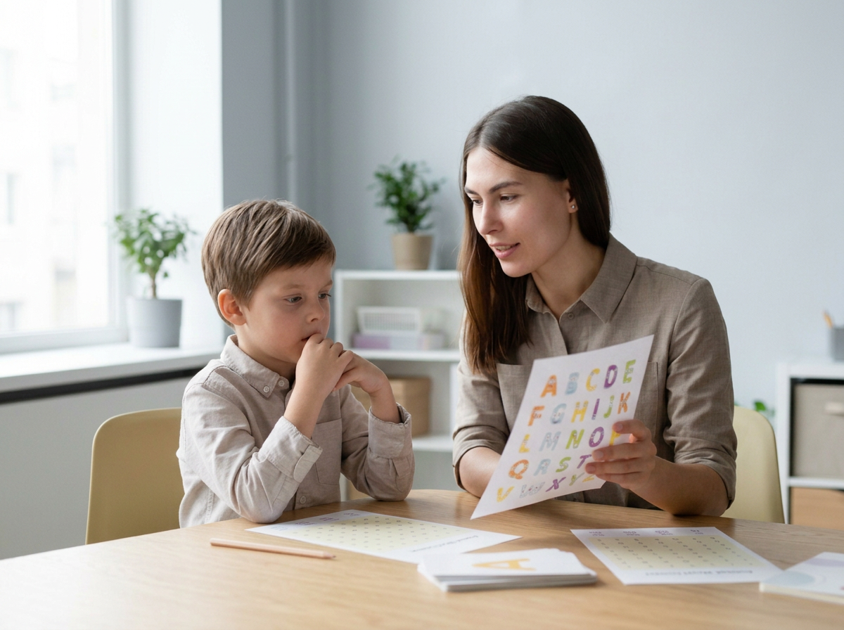 A woman sitting at a table with a young boy, both looking at a colorful alphabet chart, in a bright room with plants and a window.