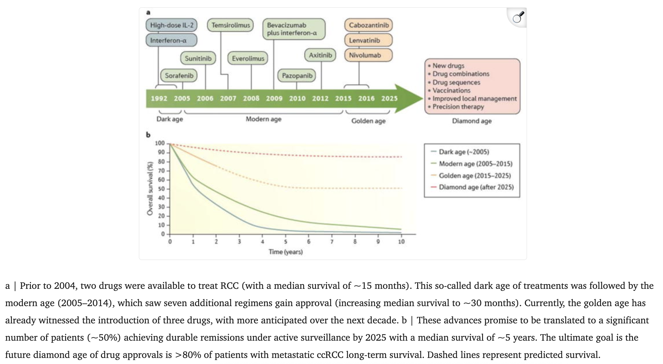 Evolution of therapy and survival rates over time for metastatic clear cell renal carcinoma.